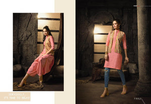 Indo Western MAI7902 Readymade Pink Multicoloured Linen Cotton Kurta Set with Jacket - Fashion Nation