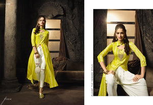 Indo Western MAI7904 Readymade Yellow White Cotton Satin Front Slit Long Dress - Fashion Nation