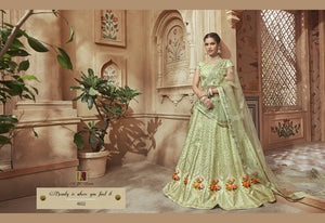 Unique MN4602 Bridal Green Multicoloured Silk Satin Lehenga Choli - Fashion Nation