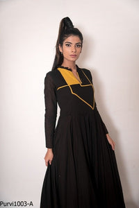 Unique PU1003 Indo Western Readymade Black Yellow Rayon Long Dress - Fashion Nation