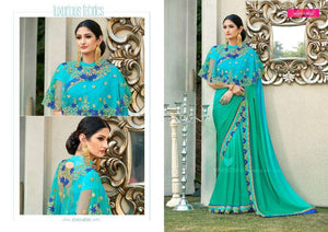 Handpicked MIN4205 Designer Shaded Aqua Blue Green Chiffon Georgette Saree with Cape - Fashion Nation