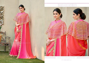 Vibrant MIN4207 Designer Shaded Pink Peach Chiffon Georgette Saree with Cape - Fashion Nation