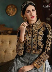Attractive SY77 Partywear Grey Black Velvet Net Silk Anarkali Gown - Fashion Nation